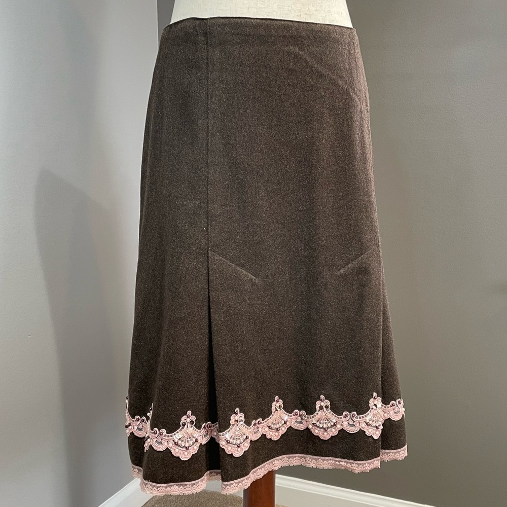 Y2K Express Wool Blend A Line Sequin Beaded Skirt Size 6 Brown & Blush Pink